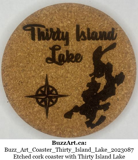 Etched cork coaster with Thirty Island Lake 